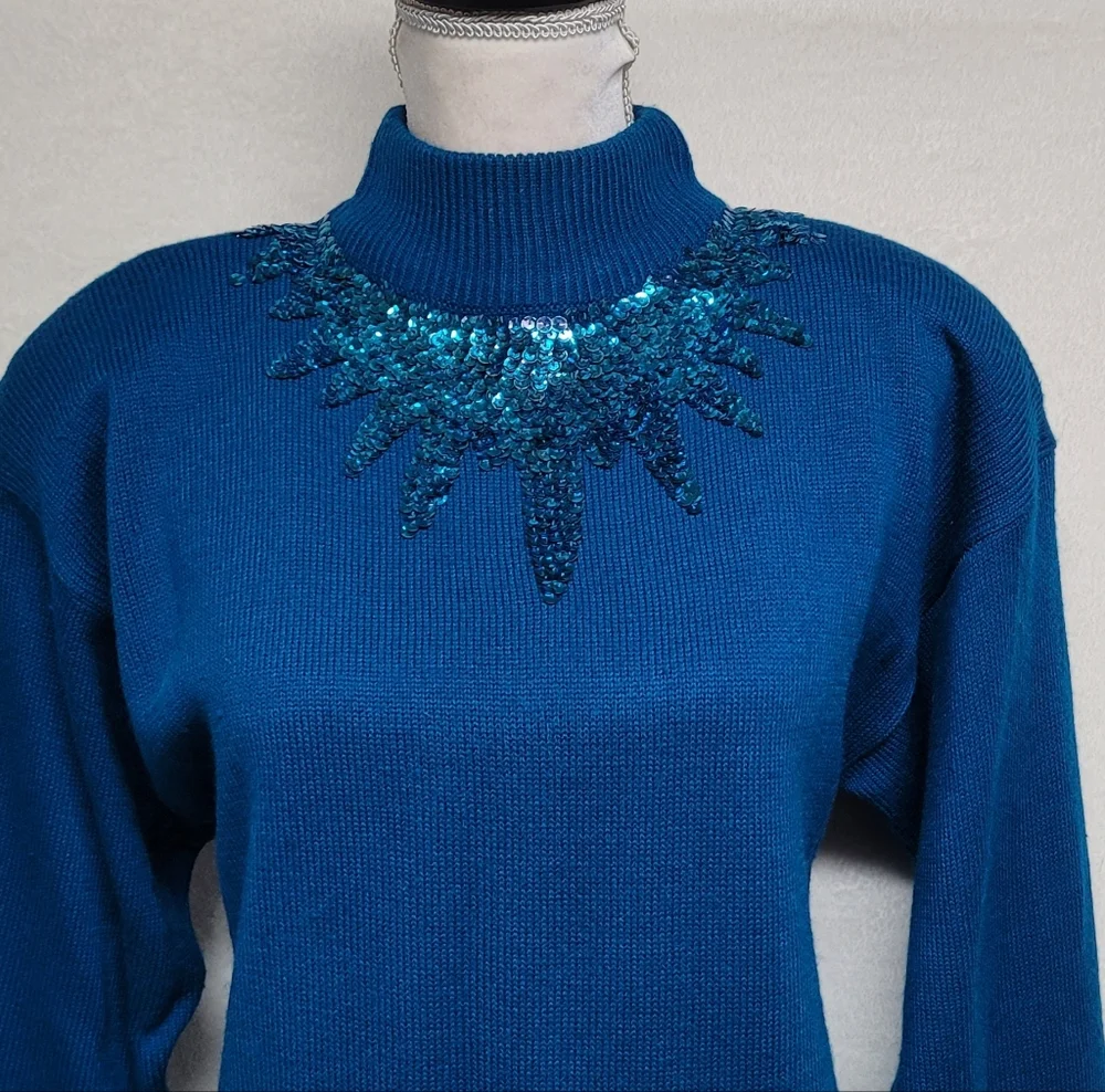 Deadstock Vintage 70s Darian Teal Sequin Starburst Mockneck Midi Sweater Dress M - Picture 3 of 12